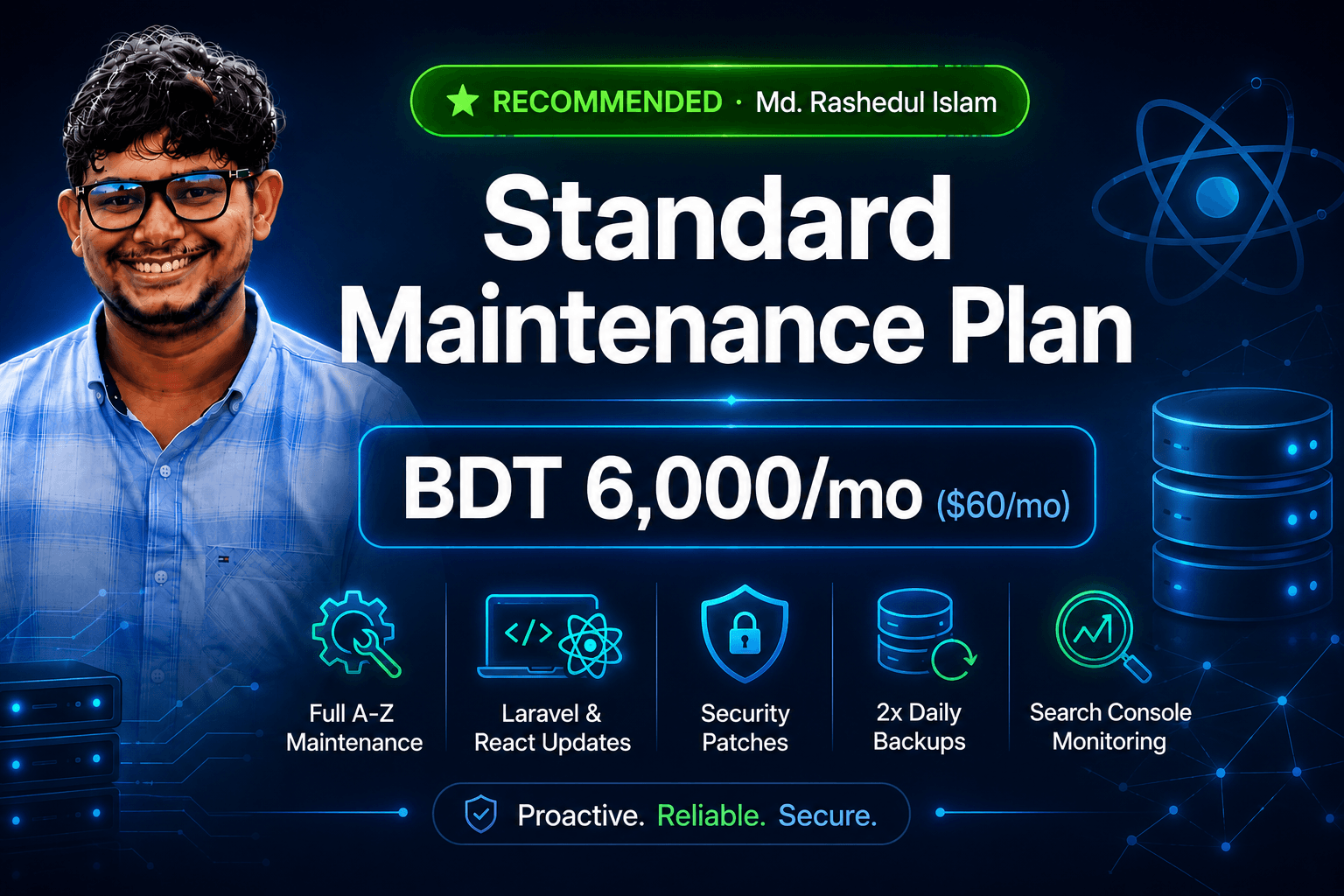 Standard maintenance plan cover banner showing recommended badge, BDT 6,000 per month pricing, full A-Z maintenance, Laravel and React updates, security patches, and 2x daily backups.