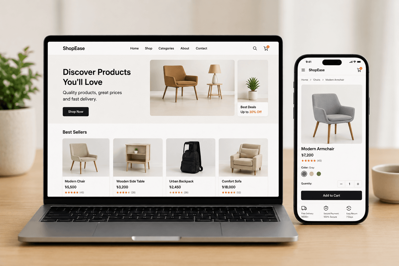 E-commerce website product and checkout page design example