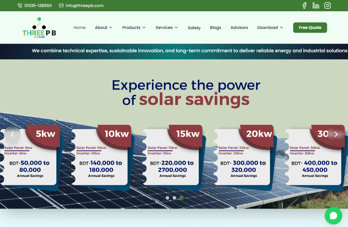Three PB renewable energy company website homepage design