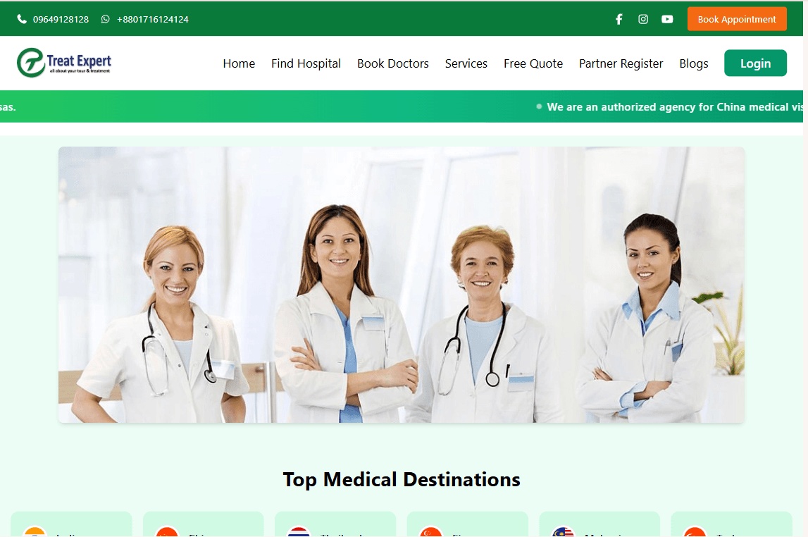 Treat Expert medical tourism website homepage redesign showing hospital and doctor booking interface